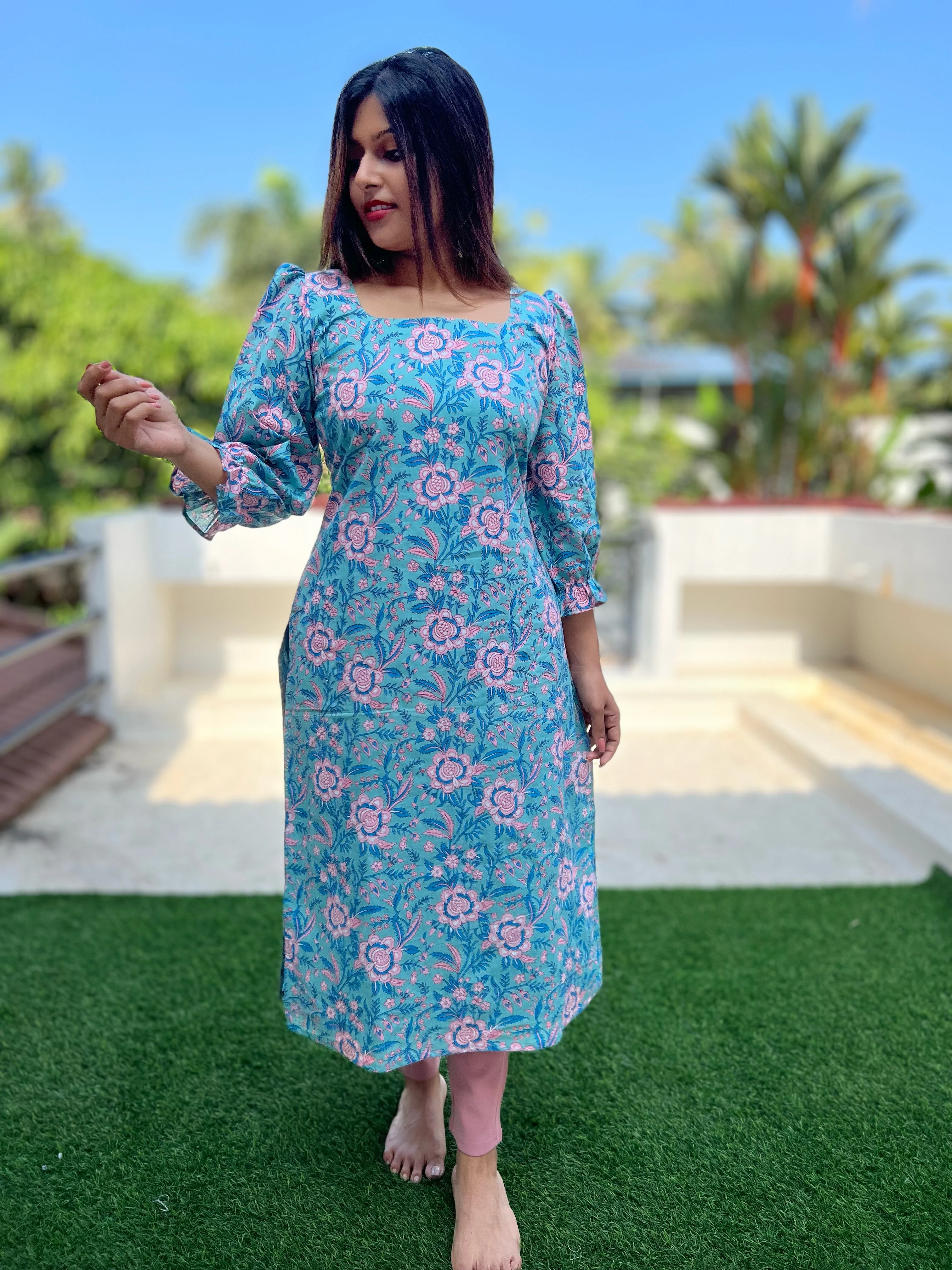 Aqua Blue Puff Sleeved Cotton Kurti - Image 10