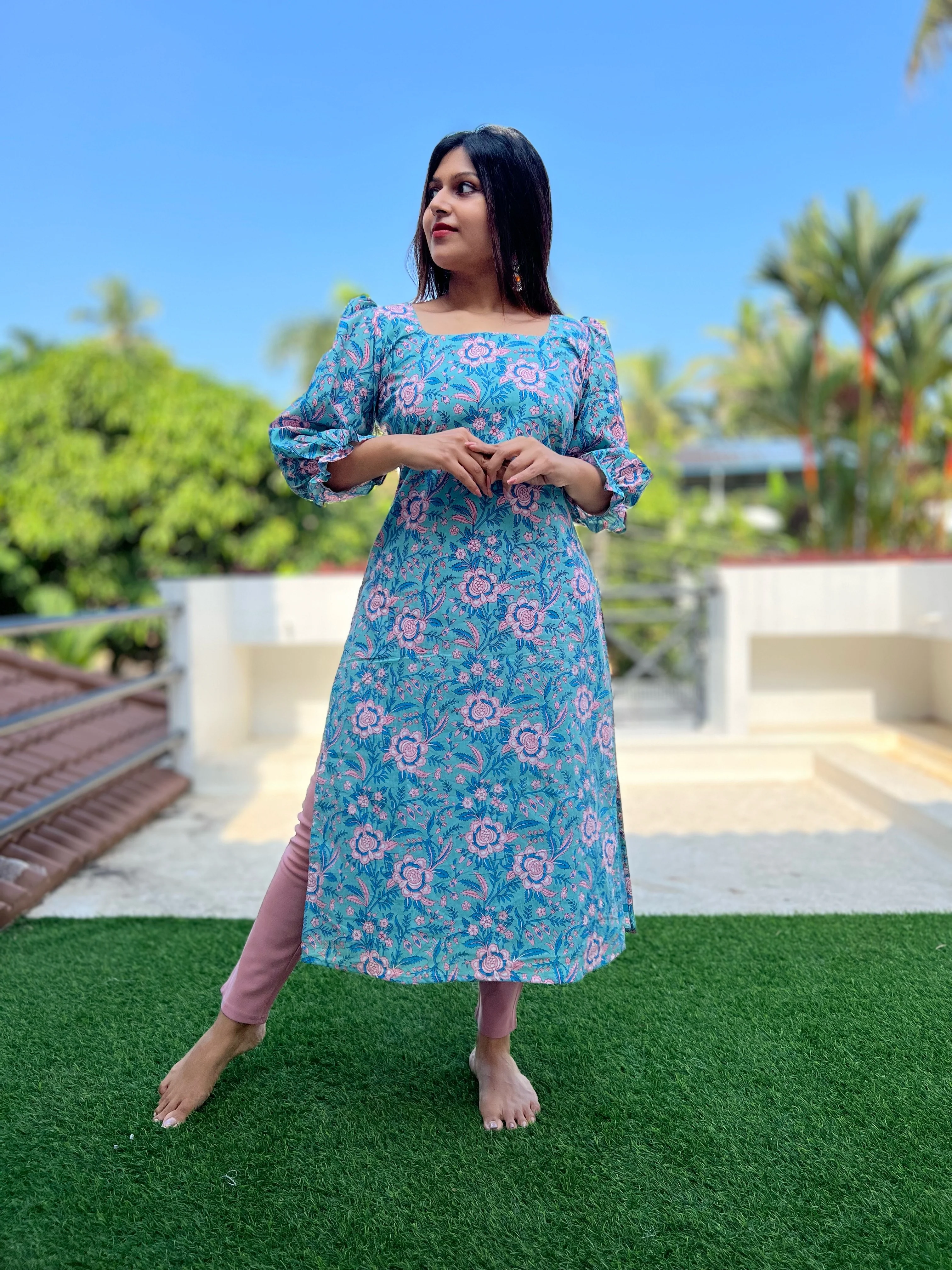 Aqua Blue Puff Sleeved Cotton Kurti - Image 3