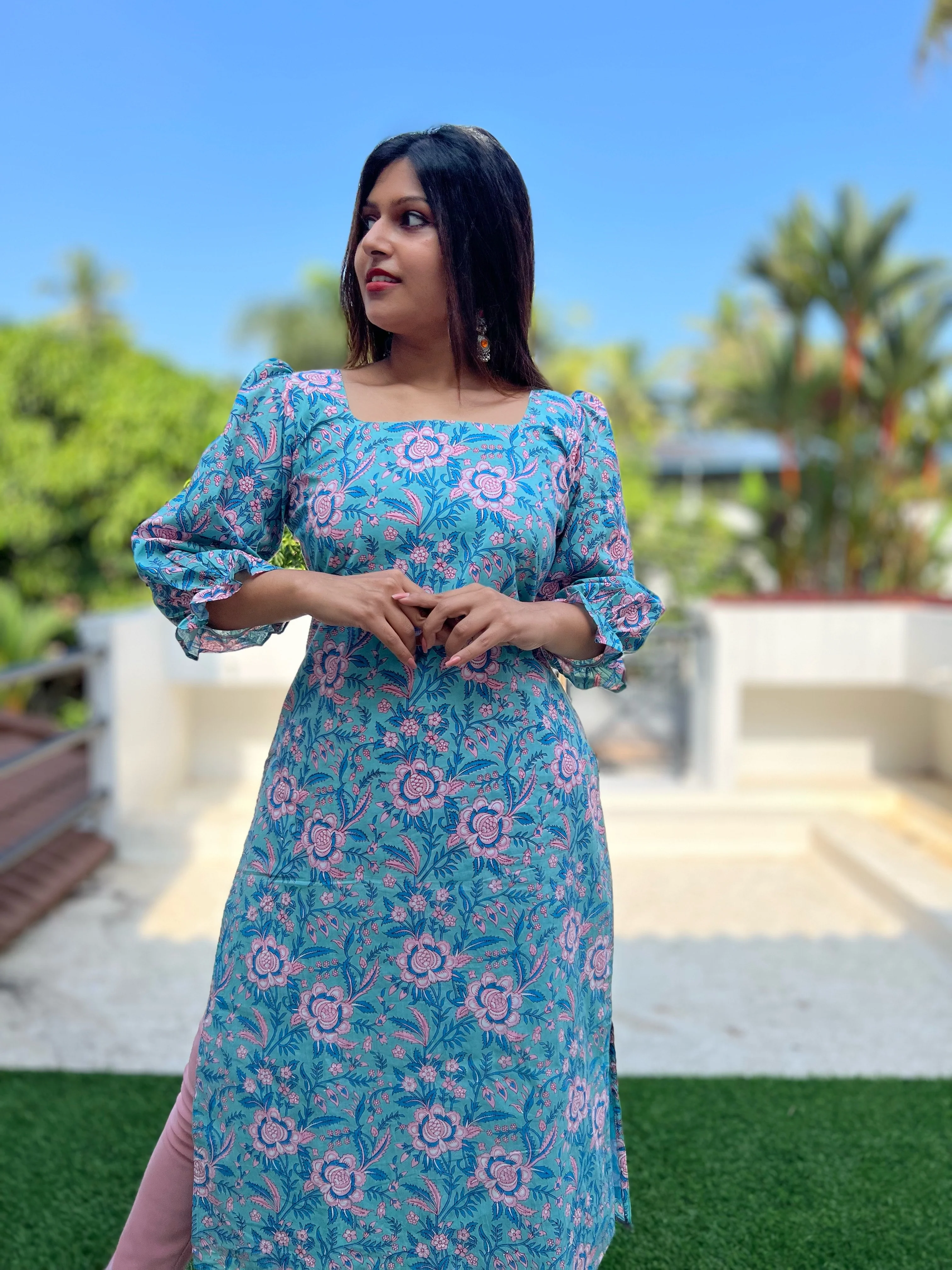 Aqua Blue Puff Sleeved Cotton Kurti - Image 4