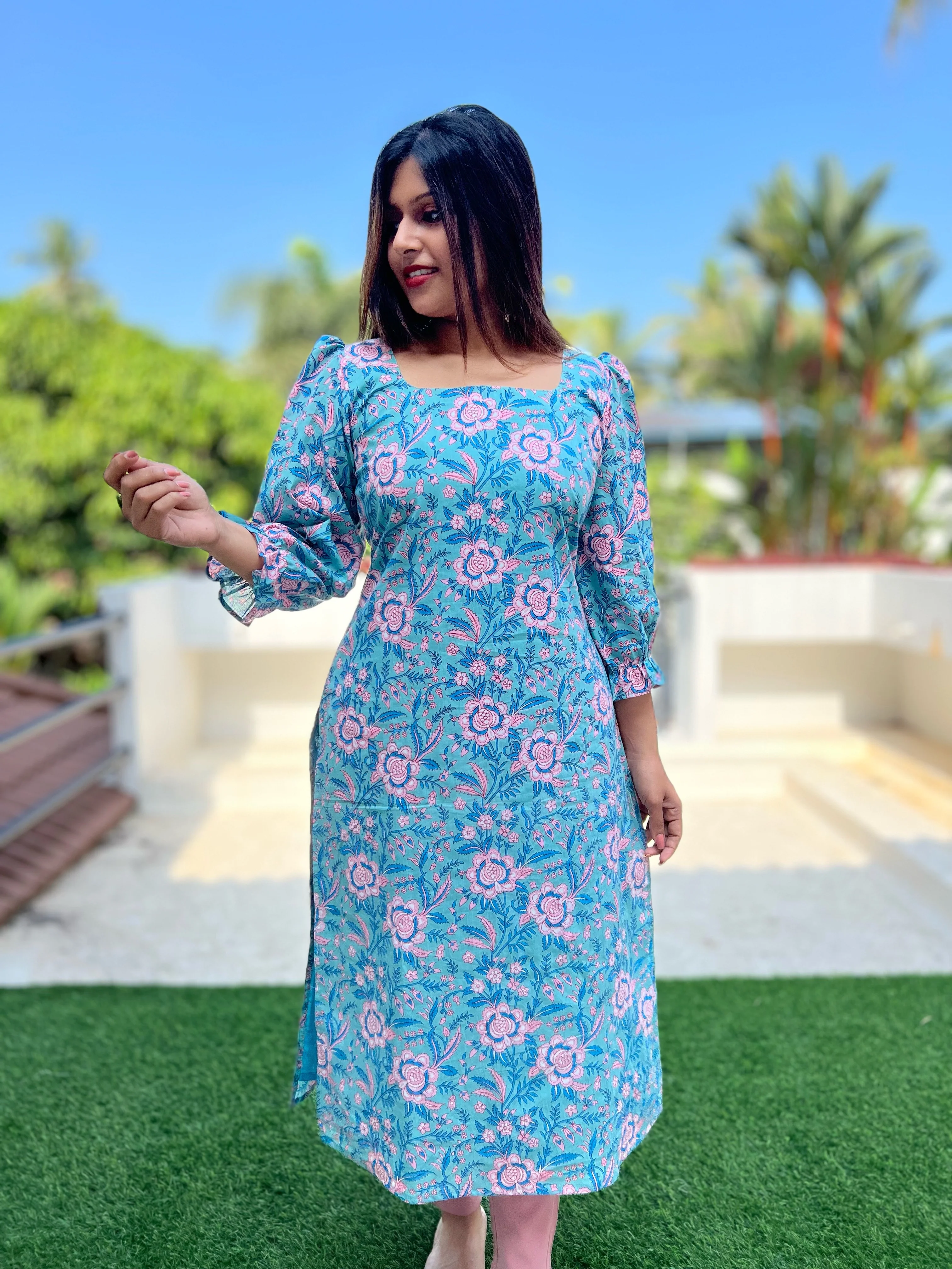 Aqua Blue Puff Sleeved Cotton Kurti - Image 5