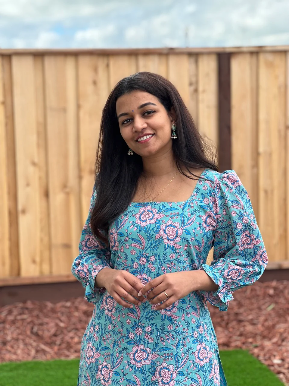 Aqua Blue Puff Sleeved Cotton Kurti - Image 6