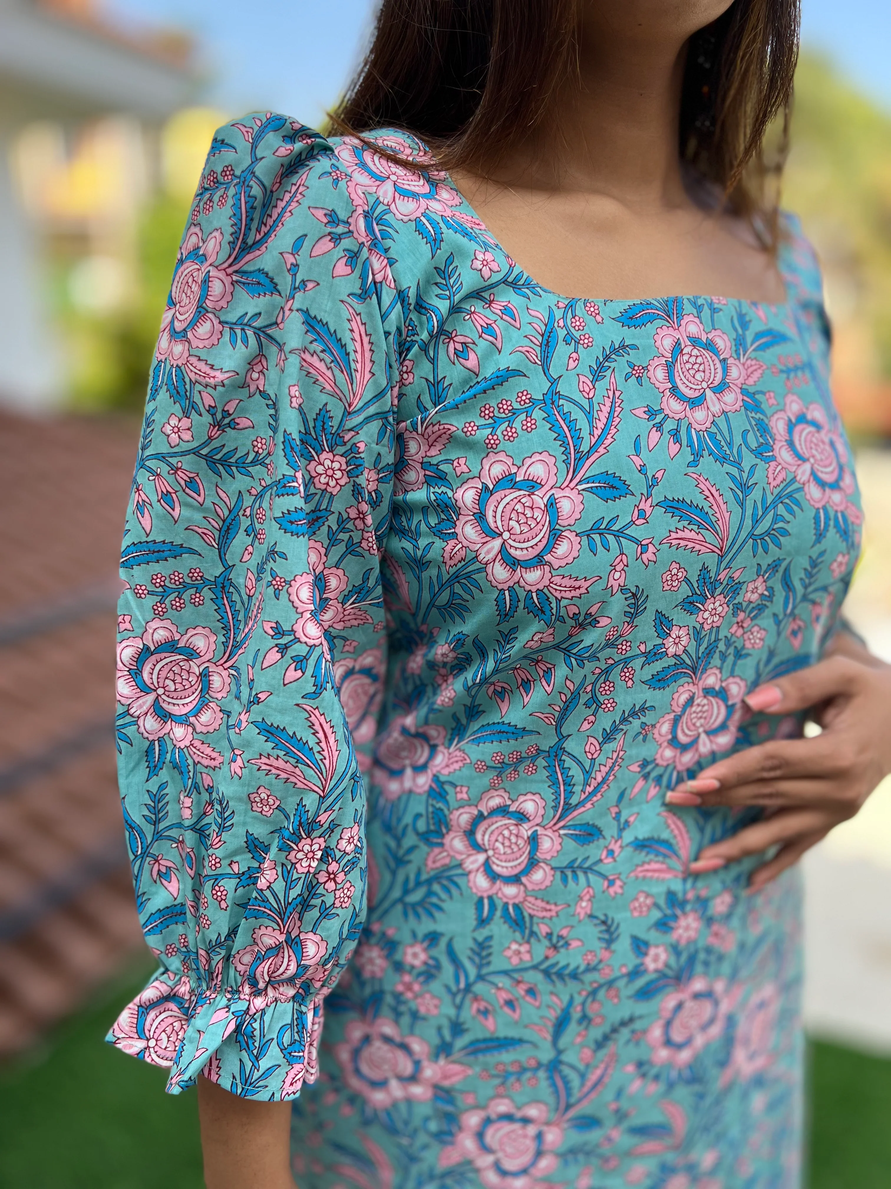 Aqua Blue Puff Sleeved Cotton Kurti - Image 7