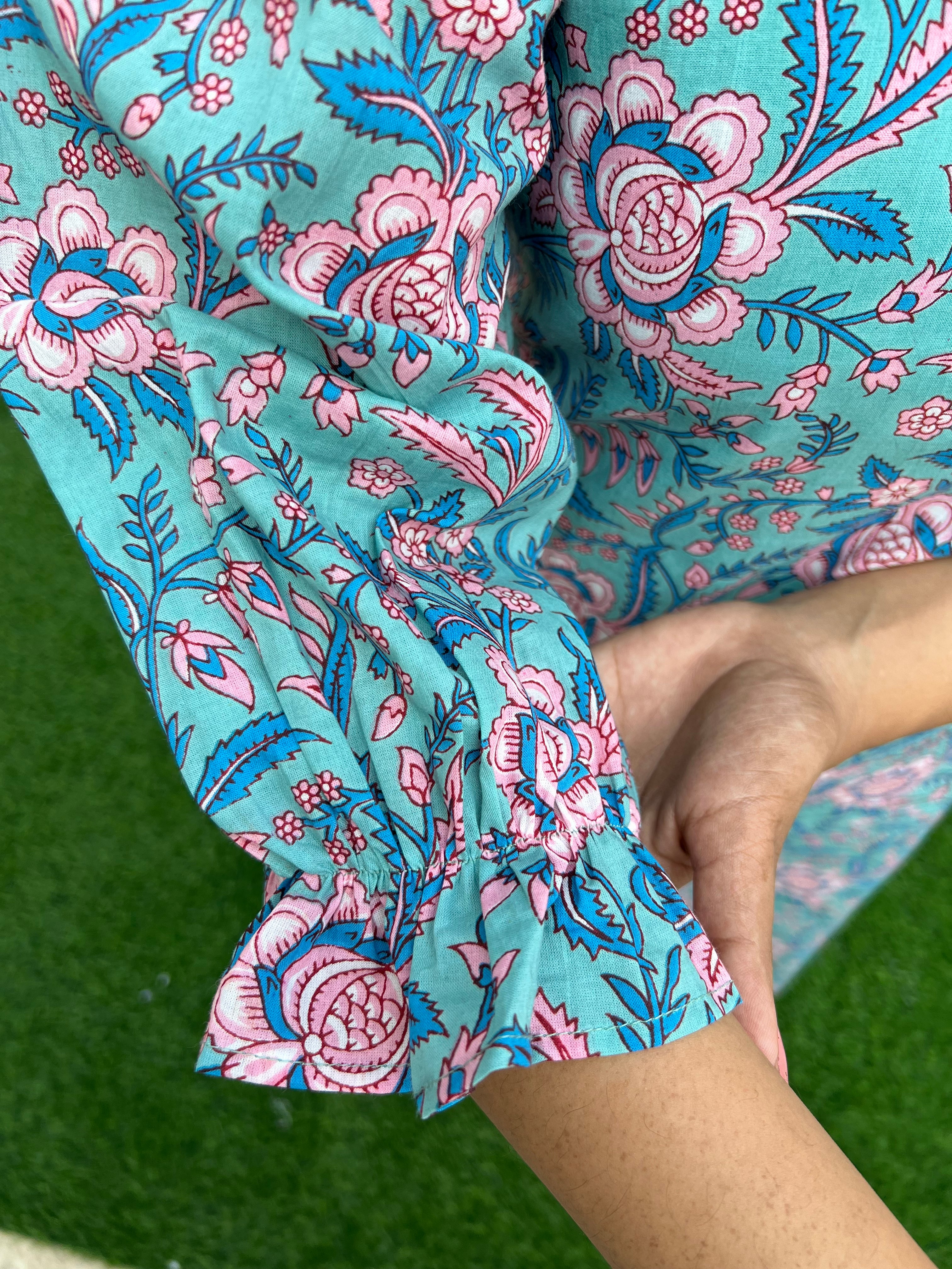 Aqua Blue Puff Sleeved Cotton Kurti - Image 8